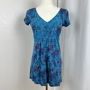 VTG Lei‎ Top Juniors Large Blue Floral Babydoll Lace Fairy Boho Festival Cottage